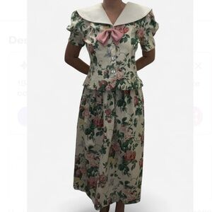 VTG 80s Jessica Howard Floral Top Skirt with Pink Bow size 12